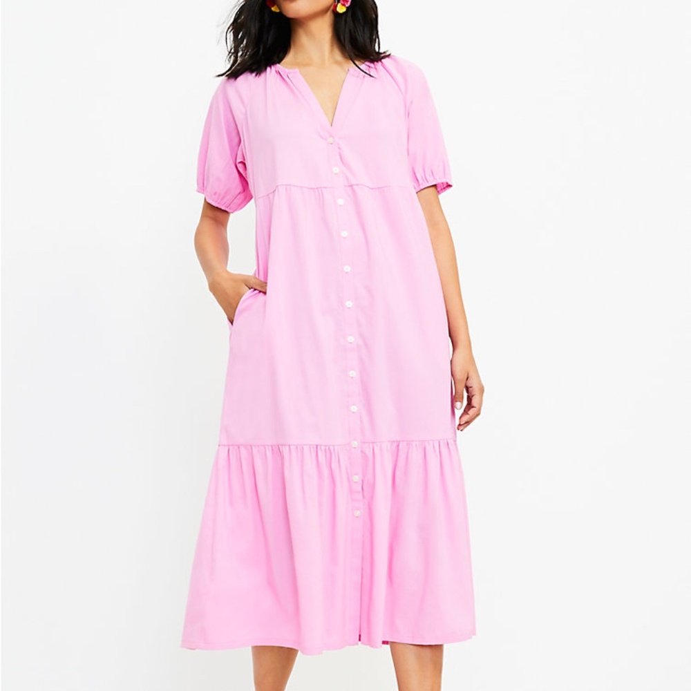 LOFT Pink Midi Dress ruffle petite large